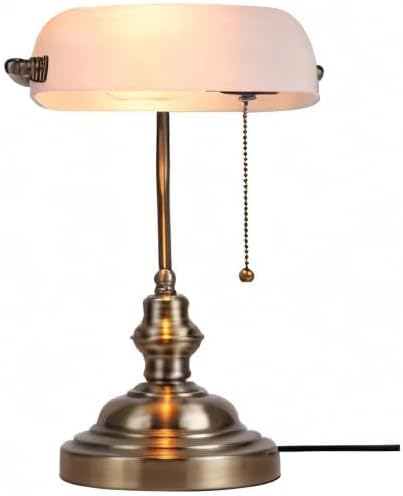 Glass Bankers Desk Lamp with Pull Chain Switch Plug in Fixture,Satin Brass Finish (White)