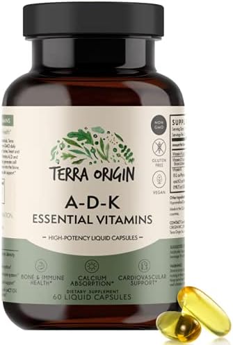 Complément vitaminique essentiel TERRA ORIGIN ADK | 60 capsules liquides | Vitamines A, D 5000 UI, K1 et K2 à haute puissance | Sans OGM, sans gluten, végétalien, fabriqué aux États-Unis