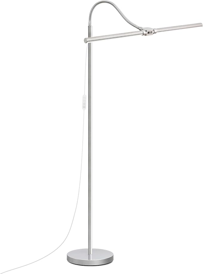 Bright Floor Lamp, 18W/2000LM Silver LED Floor Lamp with Double Head, Adjustable Gooseneck Dimmable Craft Light for Sewing Tatoo Puzzle,Eye Caring Reading Lamps for Living Room Bedroom Office
