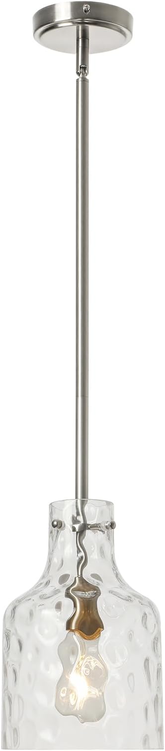 WILON Modern Glass Pendant Lighting for Kitchen Island, Farmhouse Pendant Lights for Dining Room Kitchen Sink, Adjustable Hanging Ceiling Light 7" Hammered Glass Shade, Brushed Nickel Metal Finish