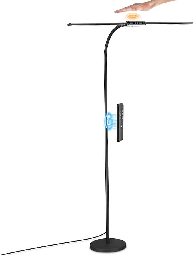 Syrinx LED Floor Lamp, 18W 2000LM Bright Reading Floor Lamp for Office, Gesture & Remote Control, Dual Head Goose-Neck Standing Lamp, Dimmable Brightness & Color Temp, Eye Caring Light for Living Room