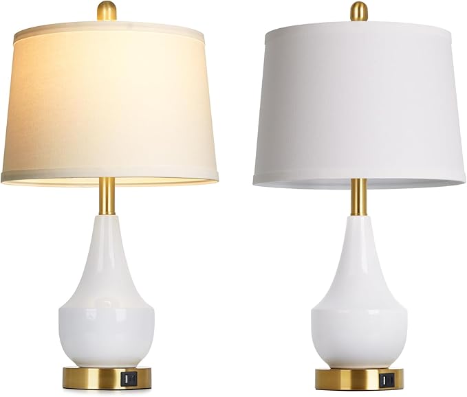 Cinyirong Modern White Table Lamp Set of 2, 24" Ceramic Table Lamp with USB A+C Ports,Classic Beside Lamps Nightstand Lamp Modern Lamp for Living Room, Bedroom & Office -LED Bulbs Included
