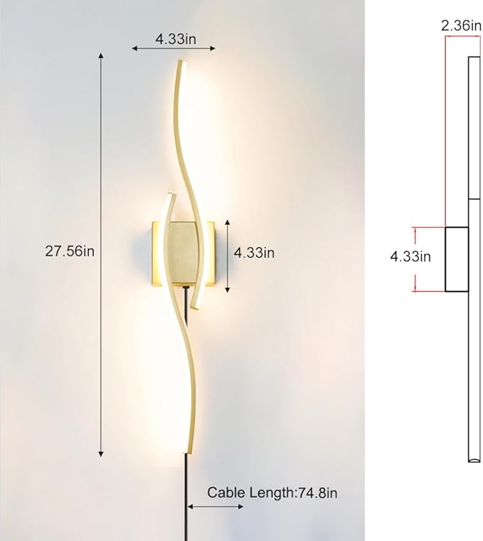 Daunton Modern Gold Plug in Wall Sconce Set of 2, Indoor Dimmable Light Fixture with Plug in Cord for Living Room, LED Sconces Lighting with Remote Control, Wall Lighting Decor for Hallway Bedroom