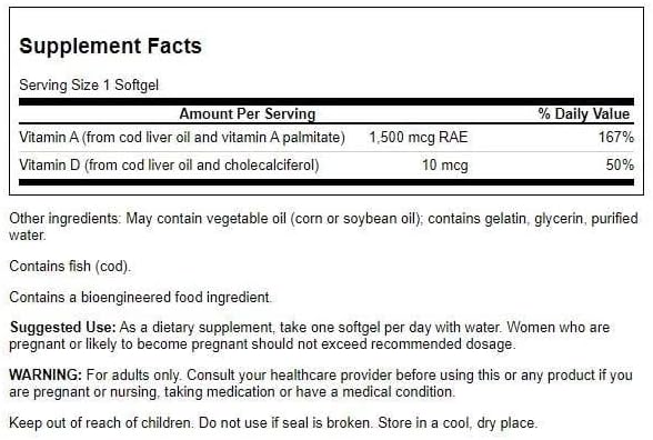 Swanson Vitamine A & D Peau Yeux Système Immunitaire 250 Gélules