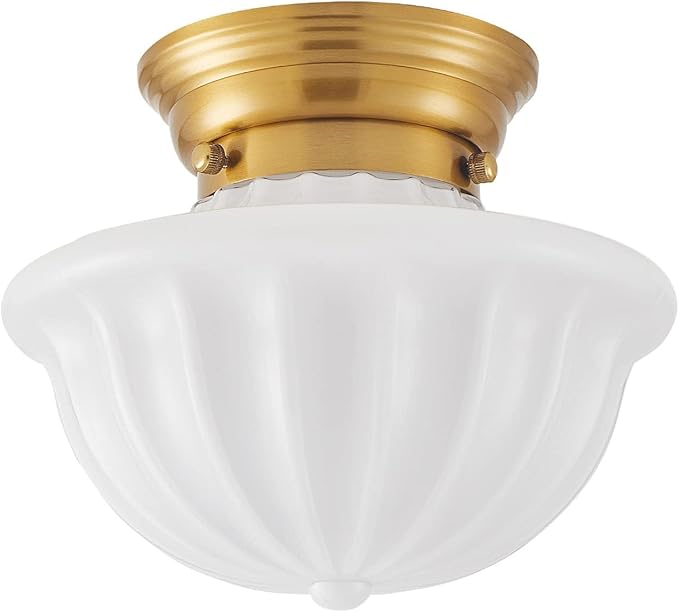 youngrender Schoolhouse Light Fixture Gold, 9" Modern Mid Century Semi Flush Mount Ceiling Light with Opal Milk Glass Shade for Bedroom, Kitchen, Dining Room, Bathroom, Hallway, Stairway, Entryway