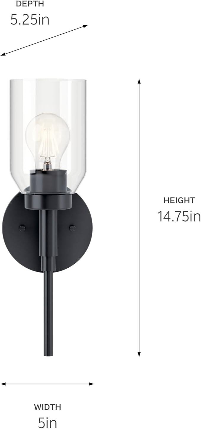 Kichler Madden 1-Light Wall Sconce Modern Bathroom Light Fixture with Clear Glass in Black, Sloped Ceiling Compatible for Bathroom or Hallway (14.75" x 5"), 55183BK