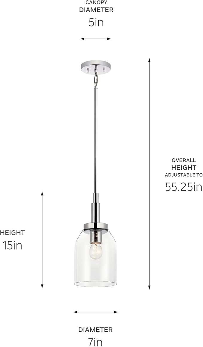 Kichler Madden 1-Light Mini Pendant Light Fixture with Clear Glass in Chrome, Kitchen Island Hanging Light Ceiling Mount for Bathroom or Kitchen (7" x 15"), 52725CH