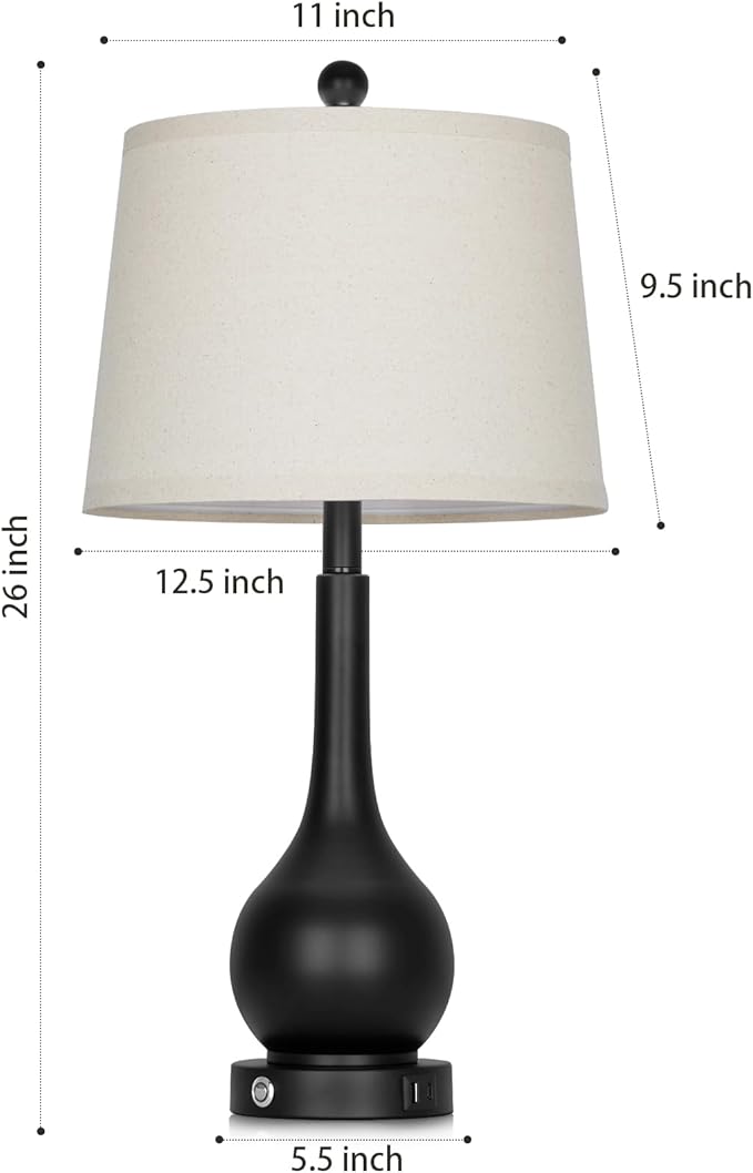 Rinweey 26" Black Table Lamps Set of 2, Touch Control Lamps for Living Room, 3-Way Dimmable Bedroom Bedside Lamps for Nightstands with USB A+C Port (2 LED Bulbs Included)