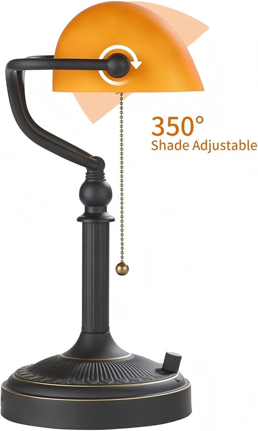 Matted Amber Glass Bankers Desk Lamp, Stepless Dimmable Table Lamp Plug in Fixture for Study, Home Office,Library, LED Bulb Included