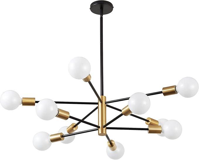 KAISITE Modern Chandelier Dining Room Light Fixture Over Table 10-Light Sputnik Chandelier Ceiling Light Fixture Height Adjustable Black and Gold Mid Century Pendant Lighting for Kitchen Living Room