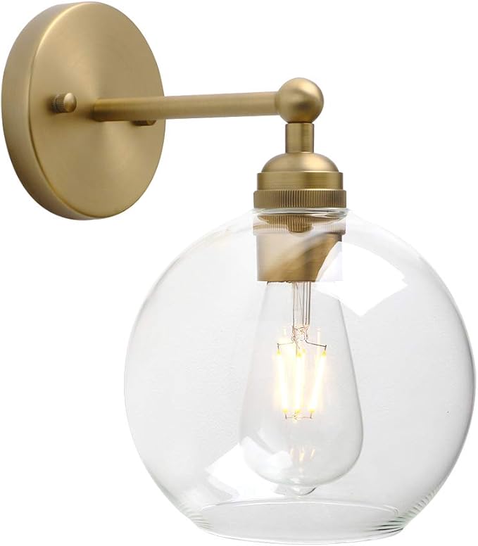 Yosoan Brass Boho Vanity Vintage Gold Bathroom Wall Sconce, Indoor Hardwired Wall Mounted Industrial Fixture Lights with Double Hole Round Glass Lamp for Mirror, Living Room, Hallway(Antique)