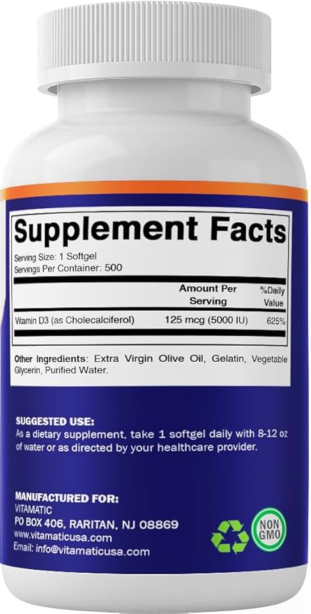 Vitamatic Vitamine D3 5000 UI (125 mcg) – 500 mini capsules molles à base d'huile d'olive – Pressée à froid – Approvisionnement de 500 jours – Soutient la santé des os, des muscles et du système immunitaire – Sans OGM et sans gluten