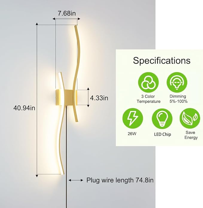 Daunton Modern Gold Plug in Wall Sconces Set of 2 - Smart Dimmable LED Wall Lights with Remote, 3CCT Adjustable & Memory Function, Timer Setting - No Wiring Needed for Living Room, Bedroom, Hallway