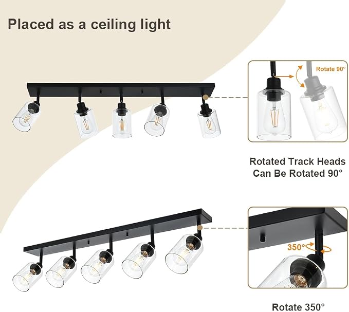 5 Light Black Bathroom Spotlight Fixture with Rotatable Light Head Indoor Vanity Lighting with Clear Glass Shade Metal Ceiling Mount Fixture