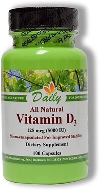 Daily Manufacturing ビタミンD3 5000 IU (125mcg) – 非遺伝子組み換え、グルテンフリー、コーシャー、ベジタリアンカプセル – 骨、免疫、一般的な健康をサポート – 100粒