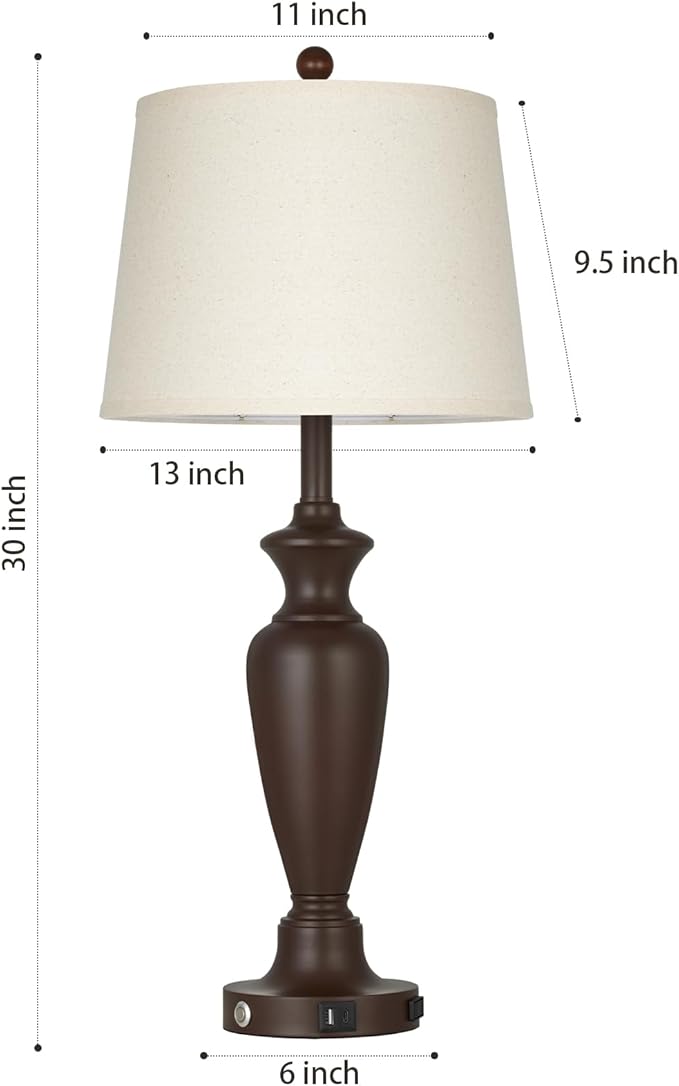 Cinyirong 30" Tall Metal Table Lamps Set of 2, Touch Control Bedside Lamps for Bedroom Nightstand, 3-Way Dimmable Farmhouse Lamp for Living Room with Charging Ports, Brown (2 LED Bulbs Included)