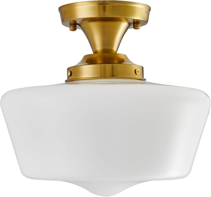 youngrender Semi Flush Mount Ceiling Light, Gold Schoolhouse Milk Glass Light Fixture, Vintage Brass Farmhouse Ceiling Light for Kitchen Hallway Entryway Bedroom Dining Room, E26