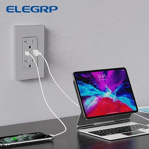 ELEGRP USB Charger Wall Outlet, USB A & C Ports, 20 Amp Duplex Plug NEMA 5-20R, Wall Plate Included, UL Listed, Matte Grey