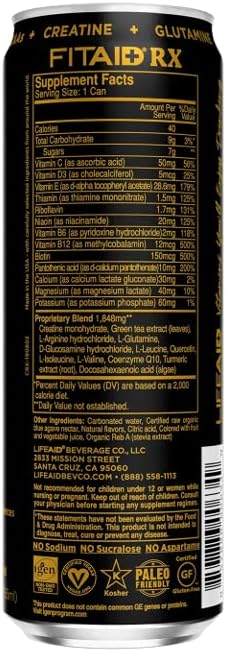 LIFEAID FITAID RX Recovery Blend, Creatine, BCAAs, Glucosamine, Electrolytes, Omega-3s, 100% Clean, Paleo, Vegan and Gluten-Free, No Artificial Flavors or Sweeteners, 12-oz. cans (1 Can)
