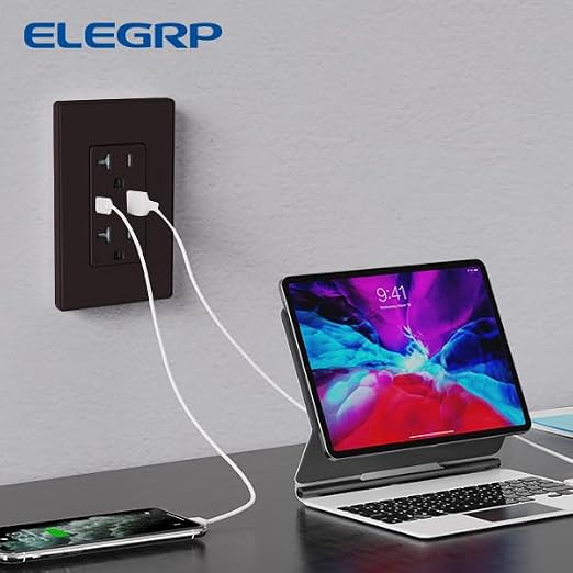 ELEGRP USB Wall Outlet with USB A & C Ports, 15 Amp Duplex Tamper Resistant Receptacle Plug NEMA 5-15R, Wall Plate Included, UL Listed, 10 Pack, Matte Brown
