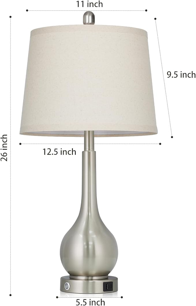 Rinweey 26" Silver Table Lamp for Living Room Single, Touch Control Bedside Lamp with USB Charging Ports, 3-Way Dimmable Brushed Nickel Bedroom Lamp for Nightstand (1 Pack)