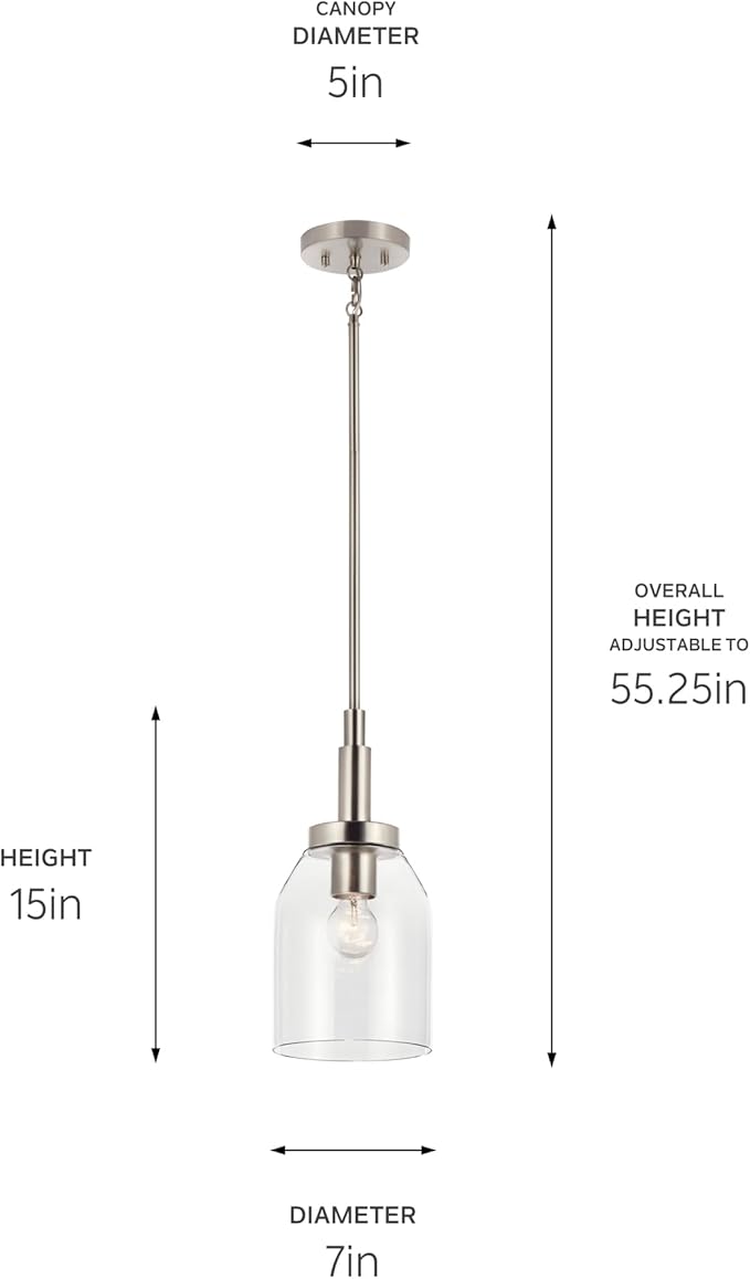 Kichler Madden 1-Light Mini Pendant Light Fixture with Clear Glass in Brushed Nickel, Sloped Ceiling Compatible for Kitchen Island or Bathroom (15" x 7"), 52725NI