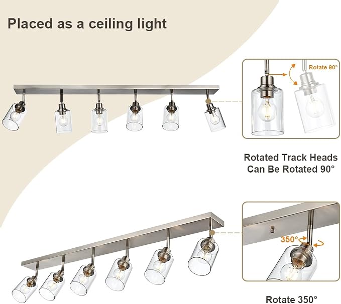 6 Light VINLUZ Bathroom Light Fixtures Classic Vanity Lighting Black Multi-Directional Rotating Metal Ceiling Spotlight with Adjustable Track Heads with Clear Shade