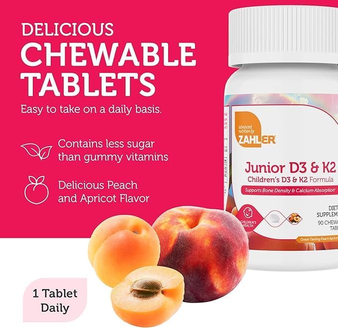 Zahler - Junior Vitamin D3 + K2 Chewable Tablets for Kids| Vitamin D for Kids 2000 IU | Delicious Vitamin D K2 Chews to Support Healthy Bones & Teeth - Kosher, Less Sugar Than Gummies (2 Pack)