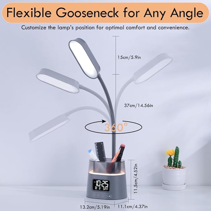 Led Desk Lamp with Pen Holder, Touch Lamps for Nightstand Eye-Caring Bedside Reading Light with Clock, Office Lamps Stepless Dimming, Lamp for Dorm Room, Suitable for Kid/Girl/Boy (Gray)