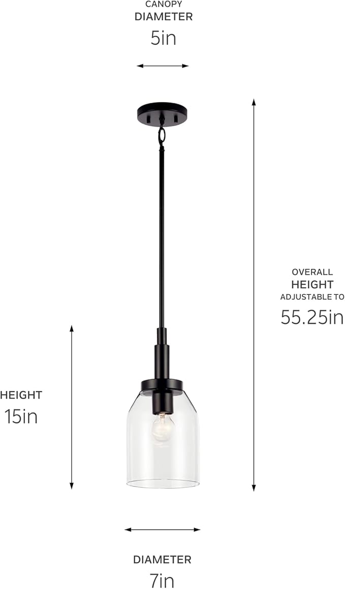 Kichler Madden 1-Light Mini Pendant Light with Clear Glass in Black, Modern Kitchen Island Hanging Light Fixture for Bathroom or Kitchen, Sloped Ceiling Compatible (15" x 7"), 52725BK