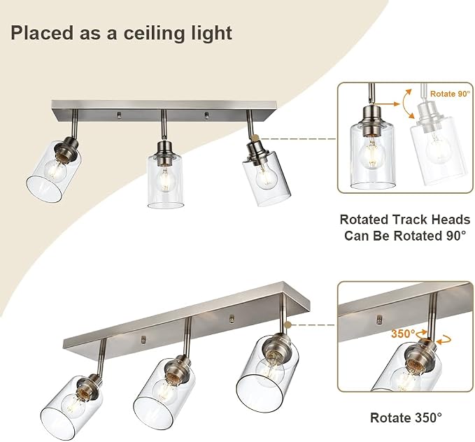 3 Light Interior Wall Mounted Lights Metal Black Bathroom Lighting Multi-Directional Rotating Metal Ceiling Light Fixture with Clear Glass Industrial Spotlight for Kitchen Foyer