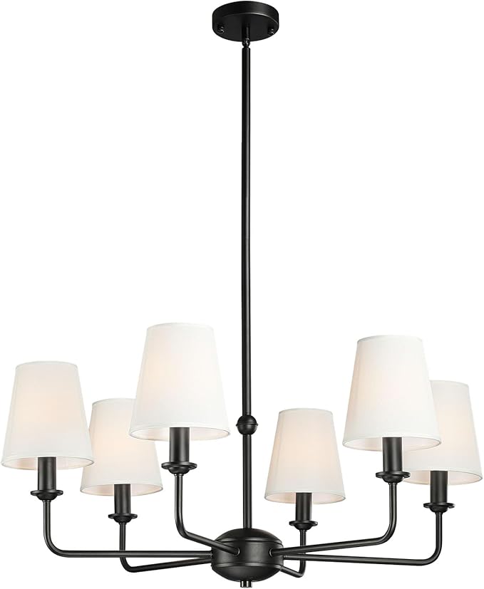 6-Light Black Pendant Chandelier with Fabric Shades, E12 Base - Farmhouse & Industrial Style for Kitchen, Living Room, Dining Room, or Bedroom Lighting