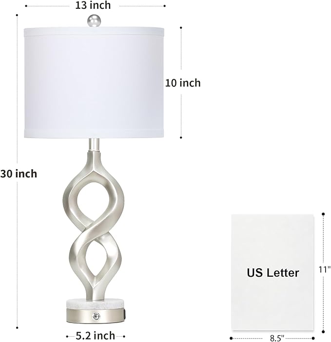 Cinyirong Silver Table Lamps Set of 2 for Living Room, 30" Tall Touch Control Bedside Lamps for Bedroom Nightstand, 3-Way Dimmable Modern Sculptural Table Lamp with USB A+C Ports and 2 LED Bulbs