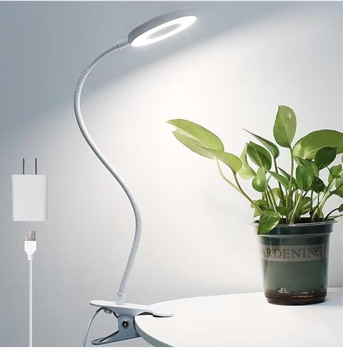 Woputne Desk Clip on Lamp for Reading Home Office, with 5V 2A Adapter, 10 Dimmable Brightness 3 Modes, Clamp Reading Light for Bed Headboard, Craft (White)…