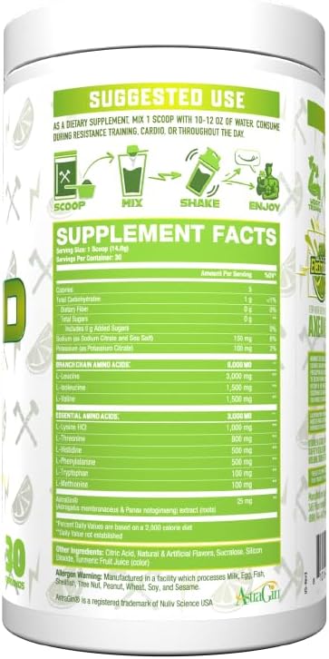 Axe & Sledge The Grind Essential Amino Acids |EAA & BCAA Powder |Muscle Recovery & Electrolytes for Hydration | Stimulant-Free, Vegan | 30 Servings, Sour Electric Lime