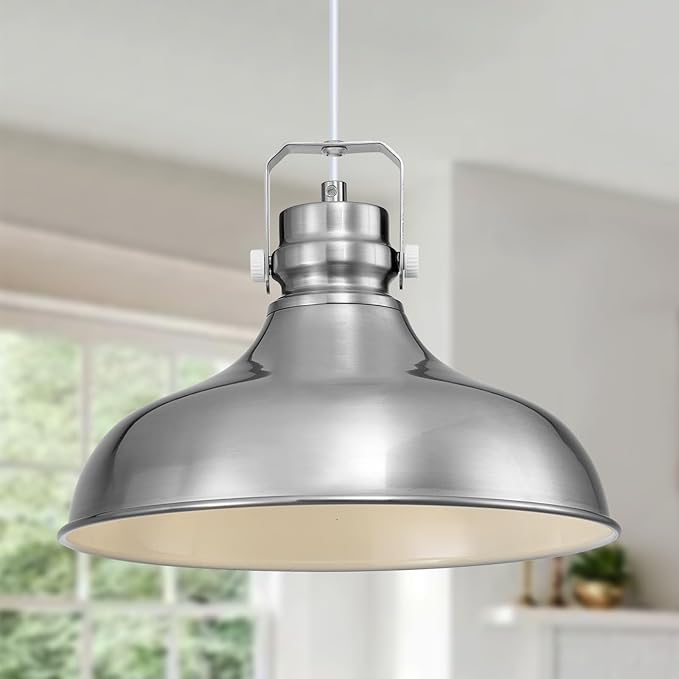 Brushed Nickel Farmhouse Pendant Lights Matte Pendant Lighting for Kitchen Island Industrial Adjustable Height Vintage Dome Hanging Light Fixtures for Barn, Dining Room 1 Pack