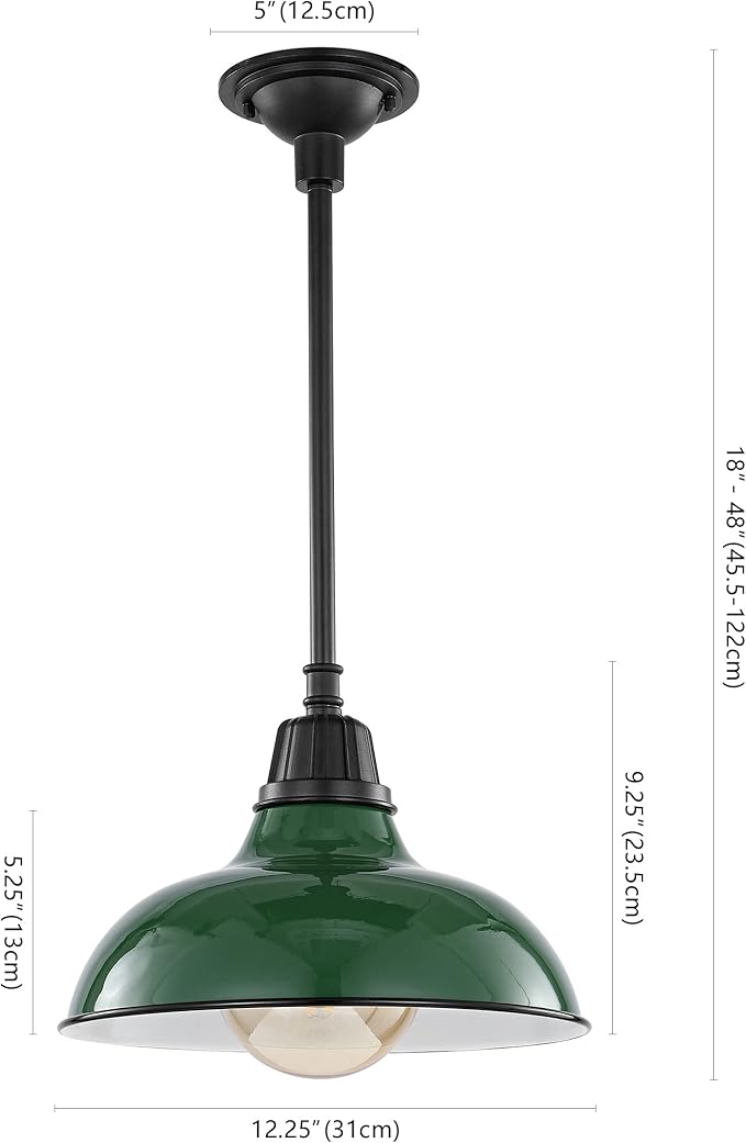 JONATHAN Y 12.25" Green/Black 1-Light Farmhouse Indoor/Outdoor LED Pendant Iron Hanging Light, and Black Metal Shade, Rustic Ceiling Lamp for Kitchen Island, LED Bulb Included (JYL7611F)
