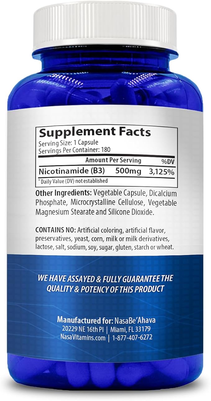 Vitamin B3 Nicotinamide 500mg Capsules | NAD+ Precursor and Longevity with Nicotinamide Form of Vitamin B3 Niacin Flush Free for Aging Skin Energy & Cellular Support | Made in the USA (180 Day Supply)