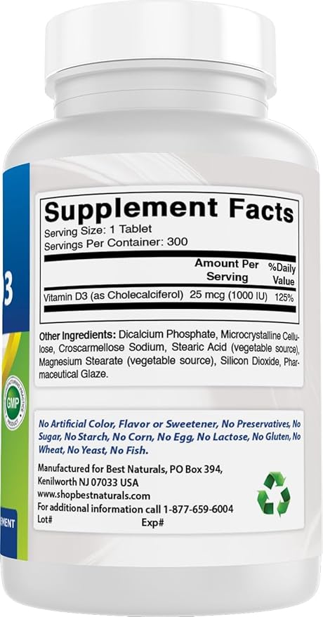 Best Naturals Vitamine D3 1000 UI – 300 Comprimés – Fabriqué aux États-Unis, Sans OGM, Sans Gluten, Sans Colorant, Arôme ou Conservateur Artificiel – Complément Alimentaire