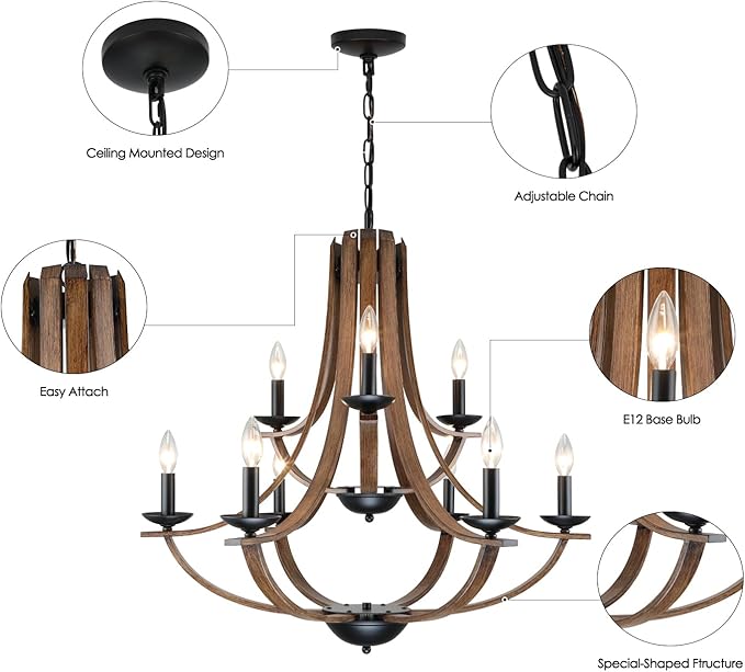 LAMPKEDUO Farmhouse Chandeliers for Dining Room Light Fixture, 2 Tier 9-Light 31" Black with Faux Wood Texture Rustic Adjustable Height Chandelier for Living Room Bedroom Foyer Entryway