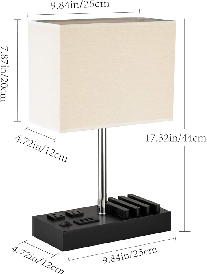 Briever USB Table Lamp, Multi-Functional Desk Lamp with 2 AC Outlets, Bedside Lamp with 3 USB Charging Ports and Wooden Phone Stands, Nightstand Lamp for Bedroom, Livingroom, Office, Linen Shade
