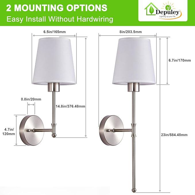 Depuley Battery Operated Wall Sconce: Set of 2 Wireless Wall Lights with Remote for Bedroom - Rechargeable 15 Colors Brushed Nickel Wall Lamp for Living Room Hallway Decor