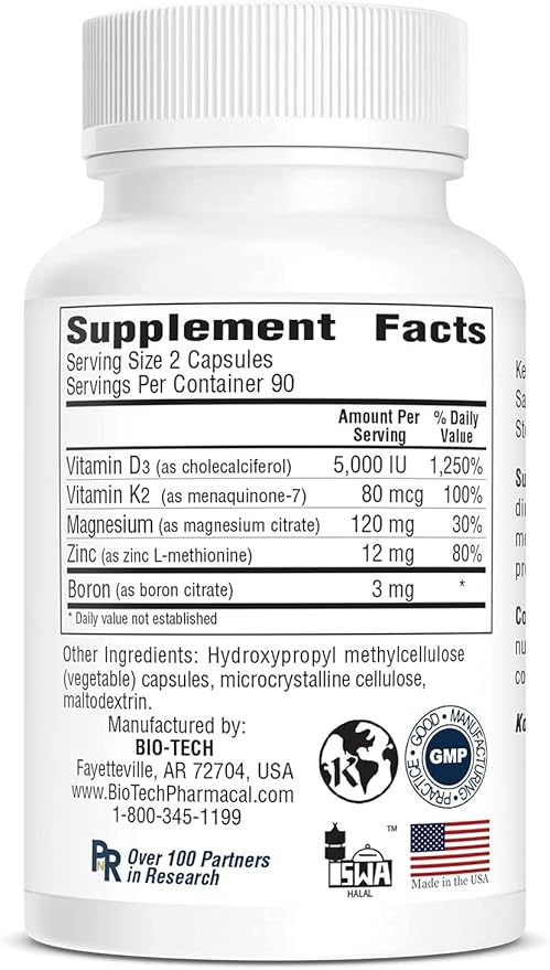 Bio-Tech Pharmacal D3プラス、植物性カプセル180粒 – 全天然サプリメント – 骨格と心臓血管の健康をサポート – 乳製品、魚、グルテン、ピーナッツ、甲殻類、大豆不使用