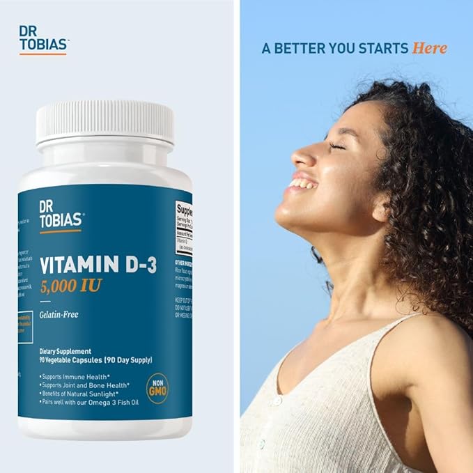 Dr. Tobias Vitamine D3 5000 UI, Essentielle pour des os, des dents et un système immunitaire sains, Supplément de Vitamine D Extra Fort, Sans OGM, 90 Capsules, 90 Portions