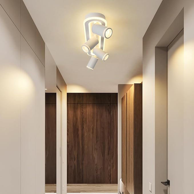 LED 4 Light Track Lighting Spotlight Kit, White Ceiling Spotlights, Modern Track Light Fixture with Flexibly Rotatable Light Heads, 50W+20W Dual Lighting for Kitchen Living Room,Includes 4 x GU10 Bulb