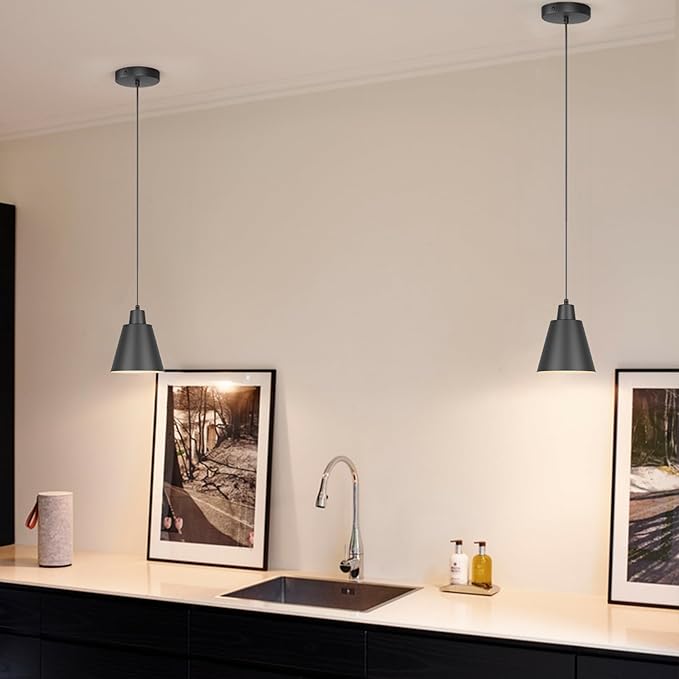 Industrial Pendant Lights, Black Pendant Light Fixtures, Vintage Kitchen Island Light with Black Metal Shade, Farmhouse Pendant Lights for Dinning Table Bedroom Bar - Black, 3 Packs
