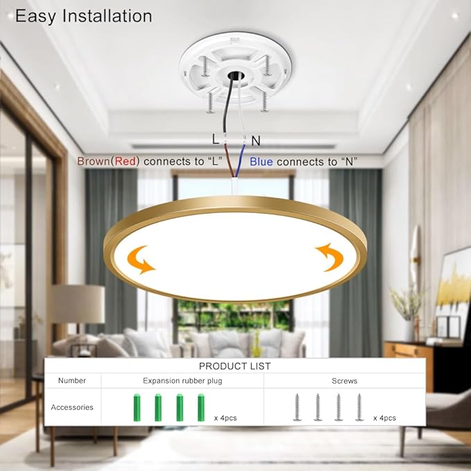 12 Inch Gold LED Ceiling Light, 3000K Warm White, 24W Gold Flush Mount Ceiling Light, 3200LM Round Low Profile Ceiling Lights for Bedroom, Living Room, Dining Room