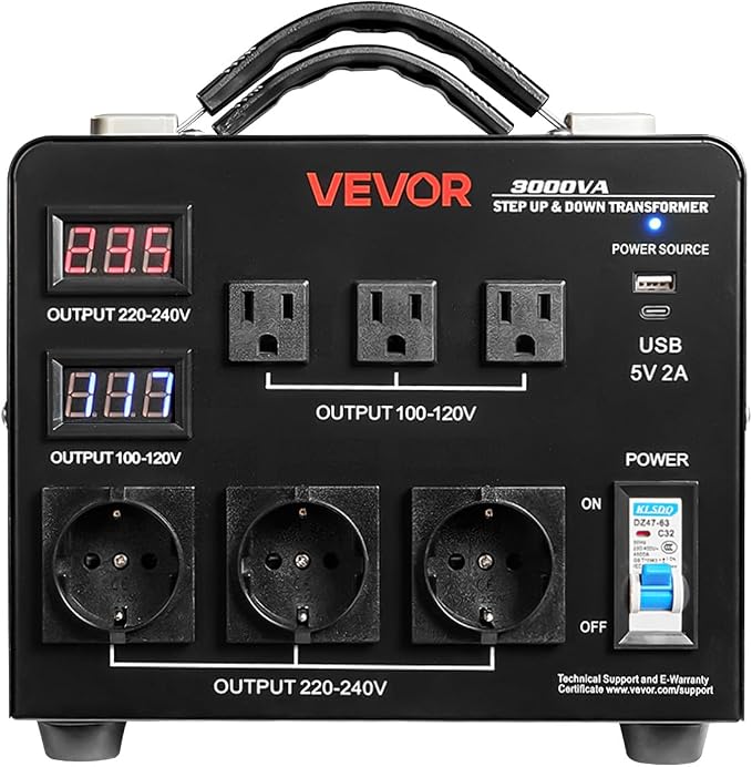VEVOR Voltage Auto Converter Transformer, 3000VA, Heavy Duty Step Up/Down Power Transformer, 110V to 220V and 220V to 110V, with 3 US Outlets, 3 EU Outlets, LCD Display, Circuit Breaker Protection