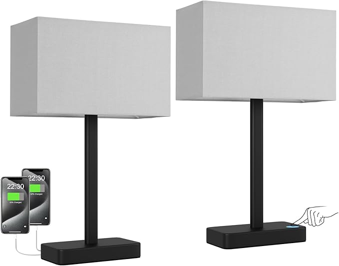 Hong-in Touch Lamps for Bedroom - 3-Way Dimmable Bedside Lamps Set of 2 with USB C+A, Grey Modern Table Lamp for Night Stands, Desk Lamp for Living Room Nightstand End Tables Bed Side