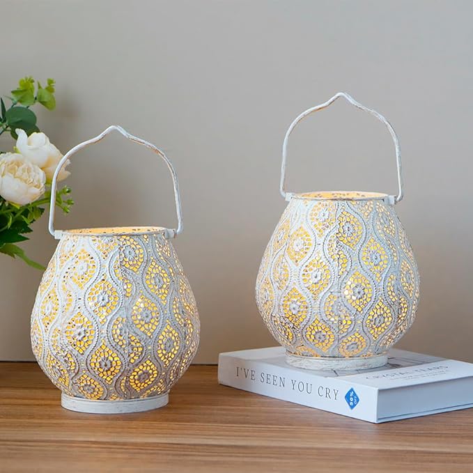 TRIROCKS Set of 12 Moroccan Decorative Lamps 8'' High Battery Powered Cordless Lamp Metal Table Lamps with Fairy Lights Bulb for Home Room Garden Yard Party Events Tabletop Indoor Outdoor(White)